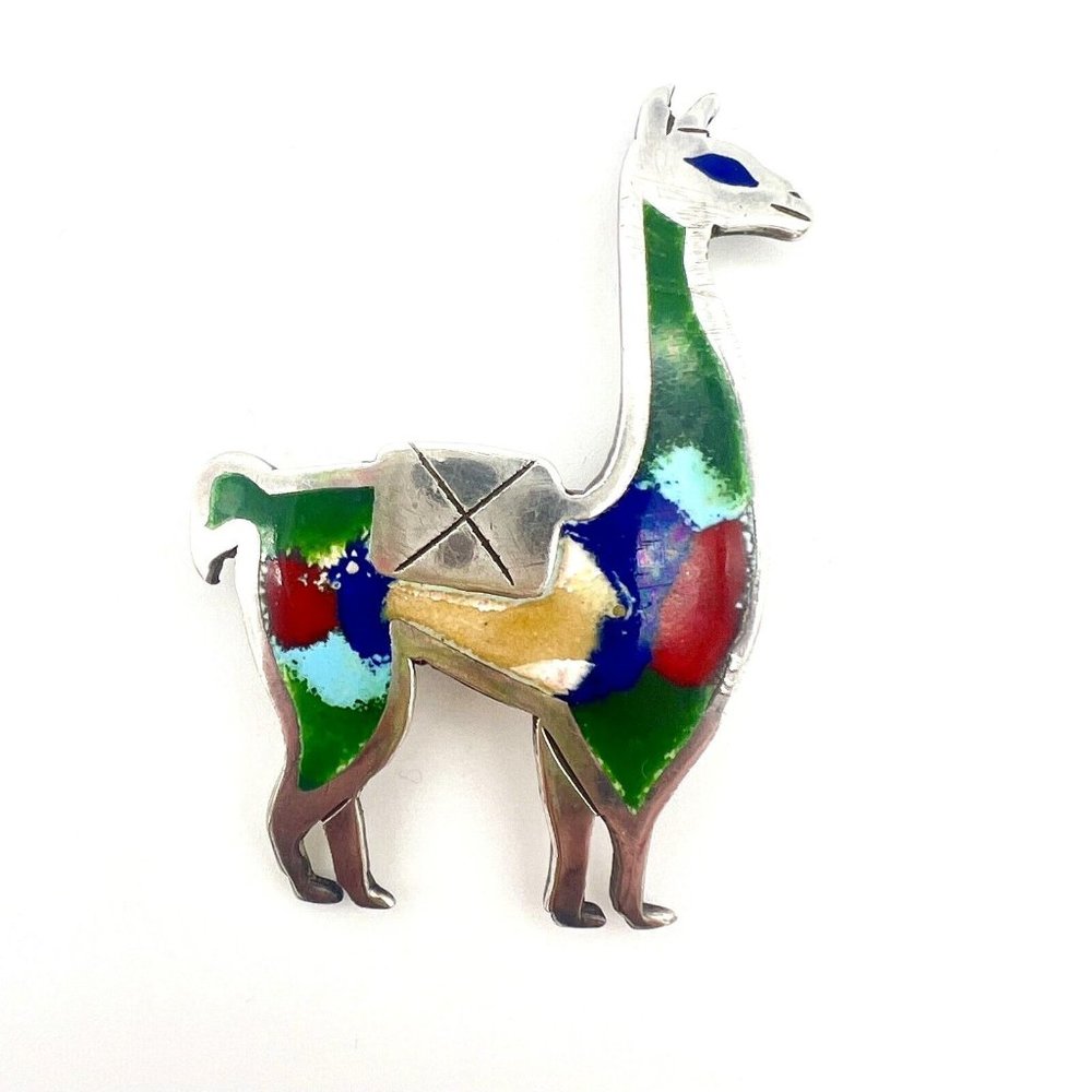 Vintage Handmade Llama Brooch Pin Colorful Enamel Sterling Silver 925 Peru